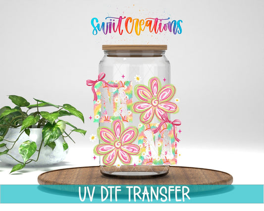 Nana Boho Rainbow Floral UV DTF transfer displayed on a clear jar mockup from Swiit Creations