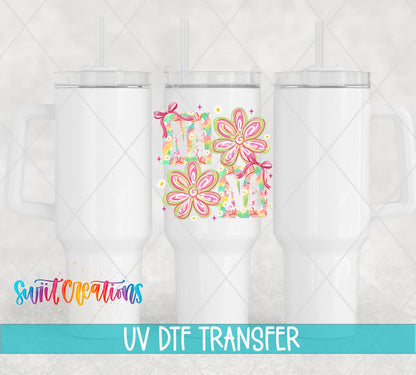 Nana Boho Rainbow Floral UV DTF transfer applied to a white tumbler set from Swiit Creations