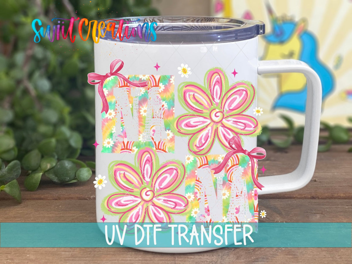 Nana Boho Rainbow Floral UV DTF transfer displayed on a white coffee mug from Swiit Creations