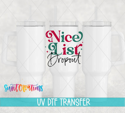 Swiit Creations UV DTF Nice List Dropout Christmas transfer shown on a white tumbler set