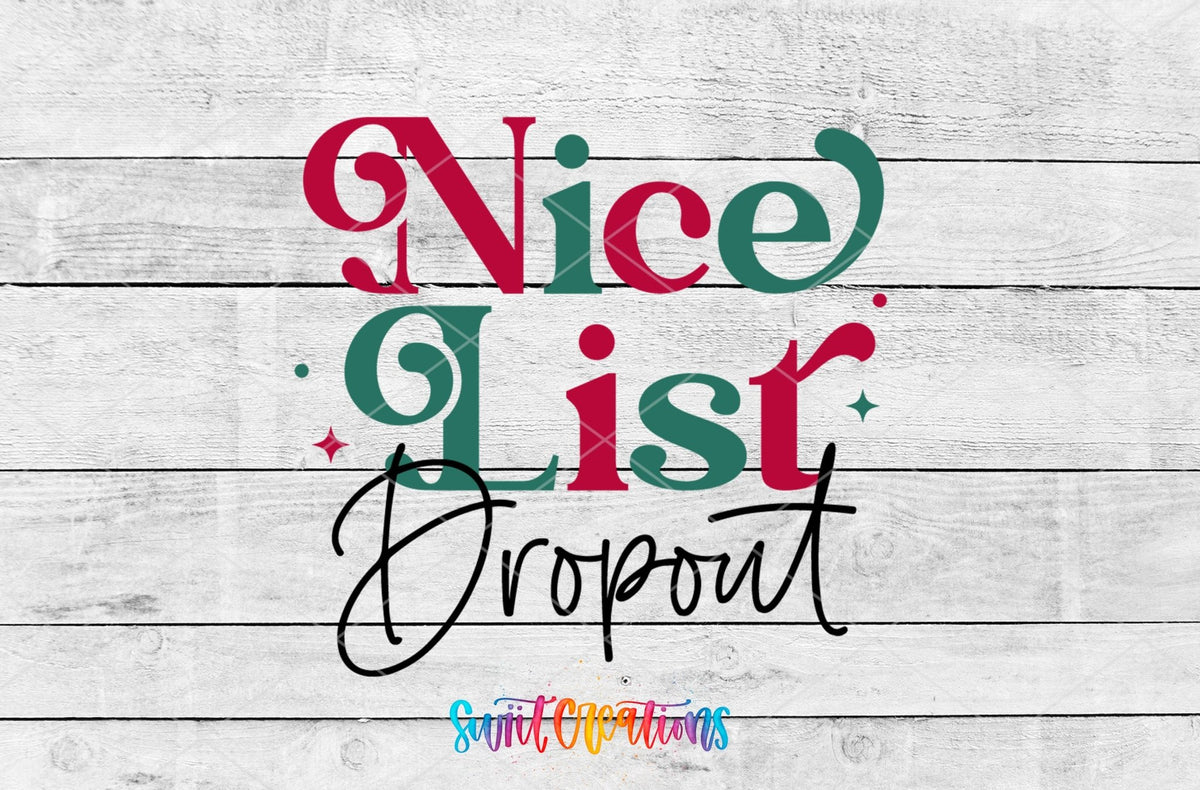 Swiit Creations UV DTF Nice List Dropout Christmas transfer shown as the full artwork preview