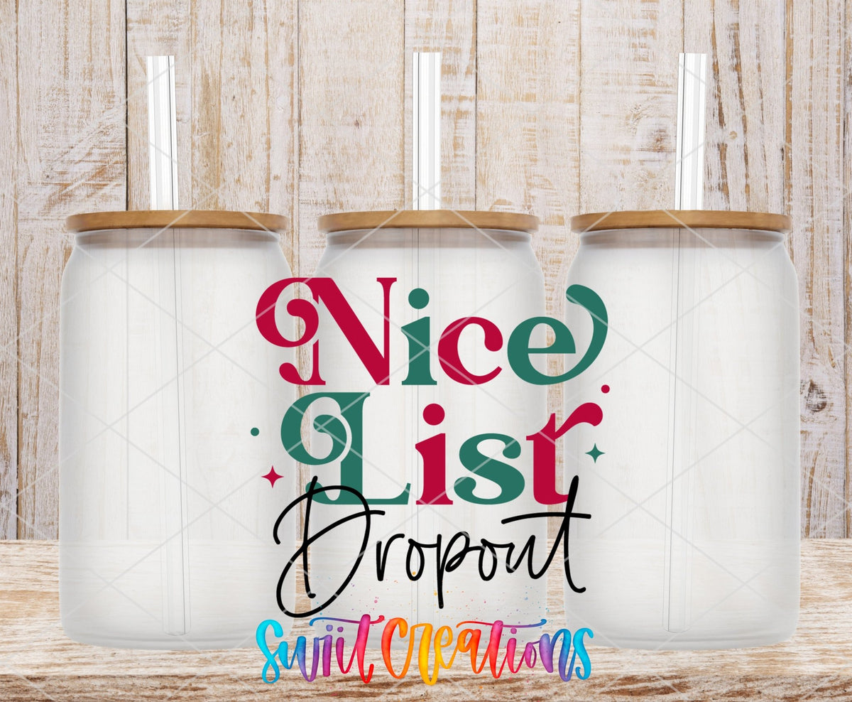 Swiit Creations UV DTF Nice List Dropout Christmas transfer shown on a clear glass can set