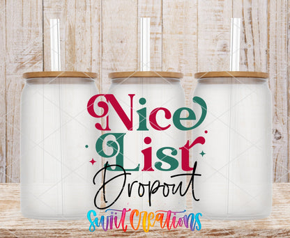 Swiit Creations UV DTF Nice List Dropout Christmas transfer shown on a clear glass can set