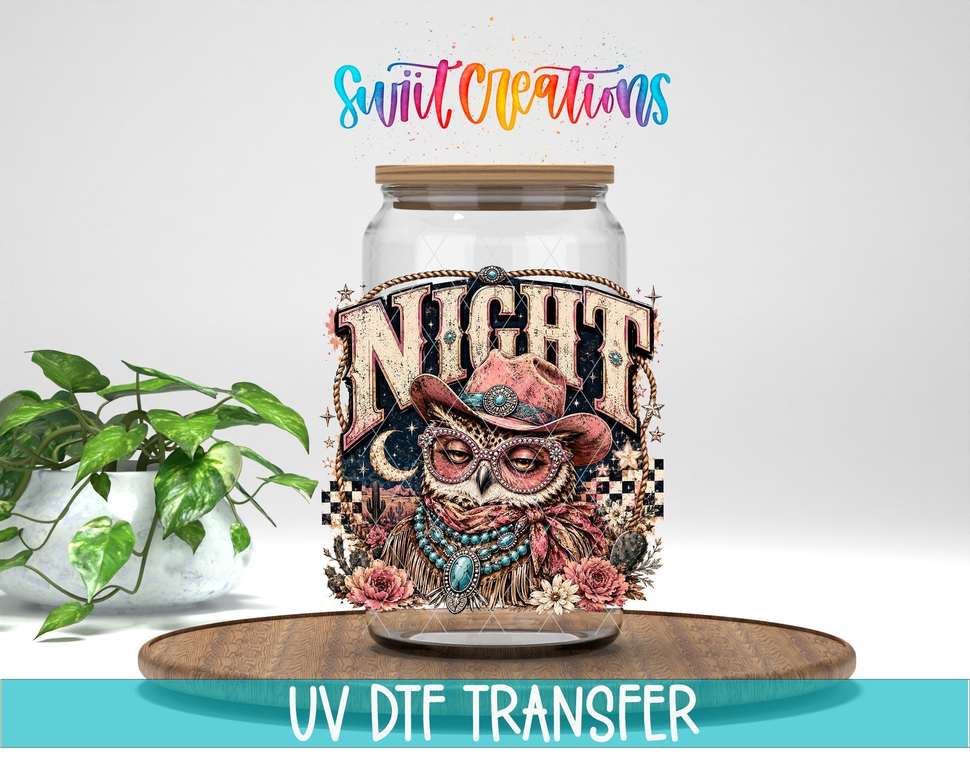 Night Owl Western Glam UV DTF Transfer | Owl Drinkware | UV2082 - Swiit Creations