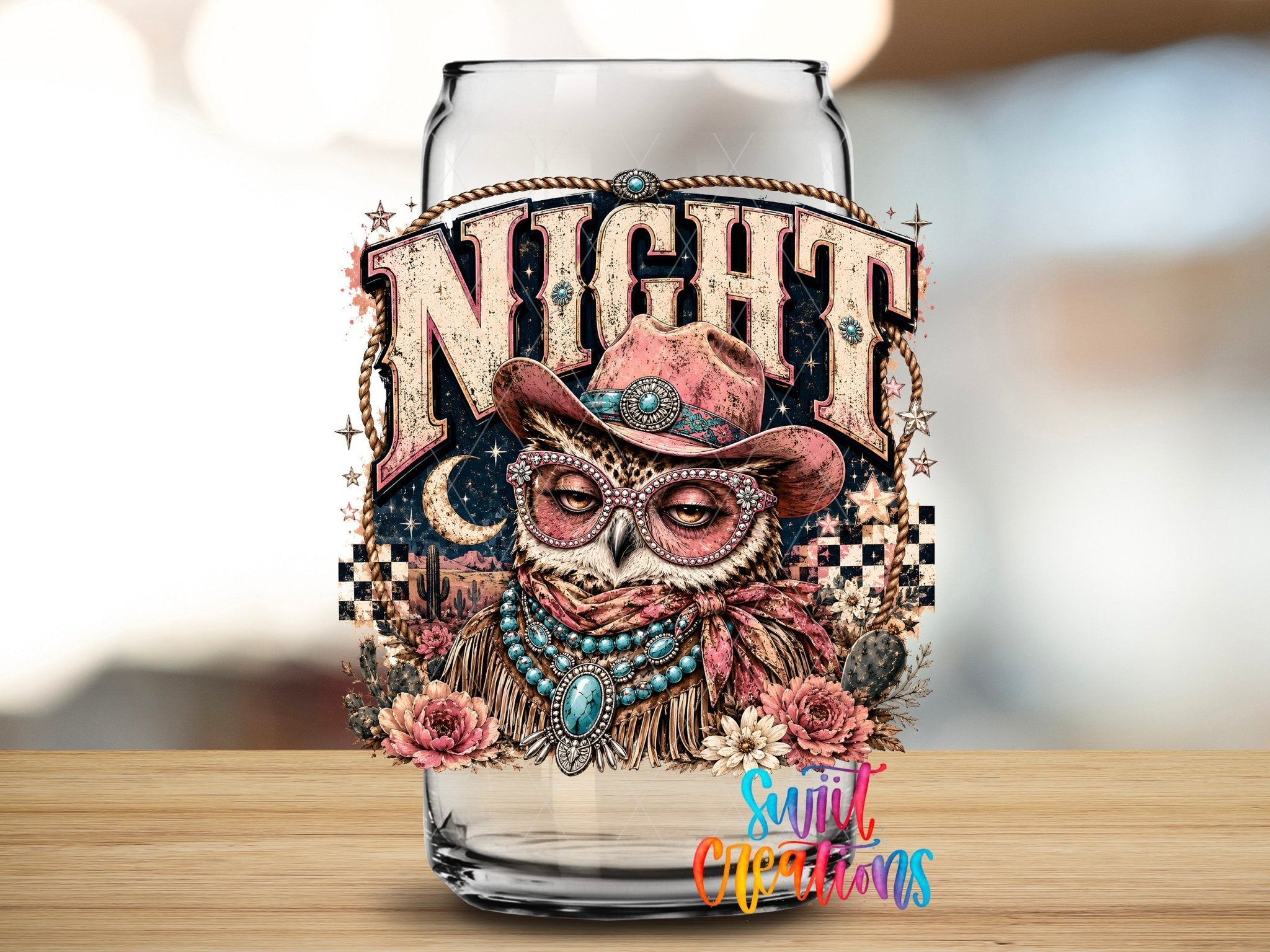 Night Owl Western Glam UV DTF Transfer | Owl Drinkware | UV2082 - Swiit Creations