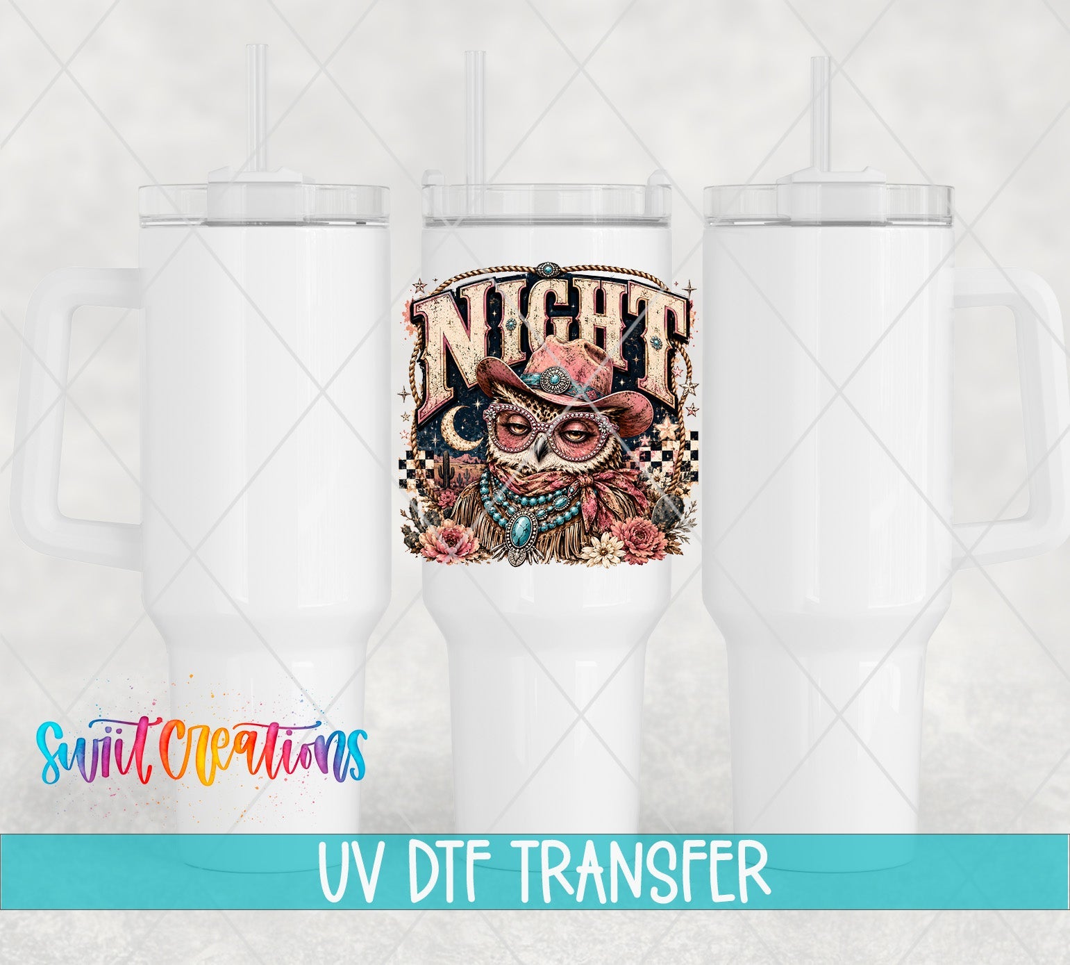Night Owl Western Glam UV DTF Transfer | Owl Drinkware | UV2082 - Swiit Creations