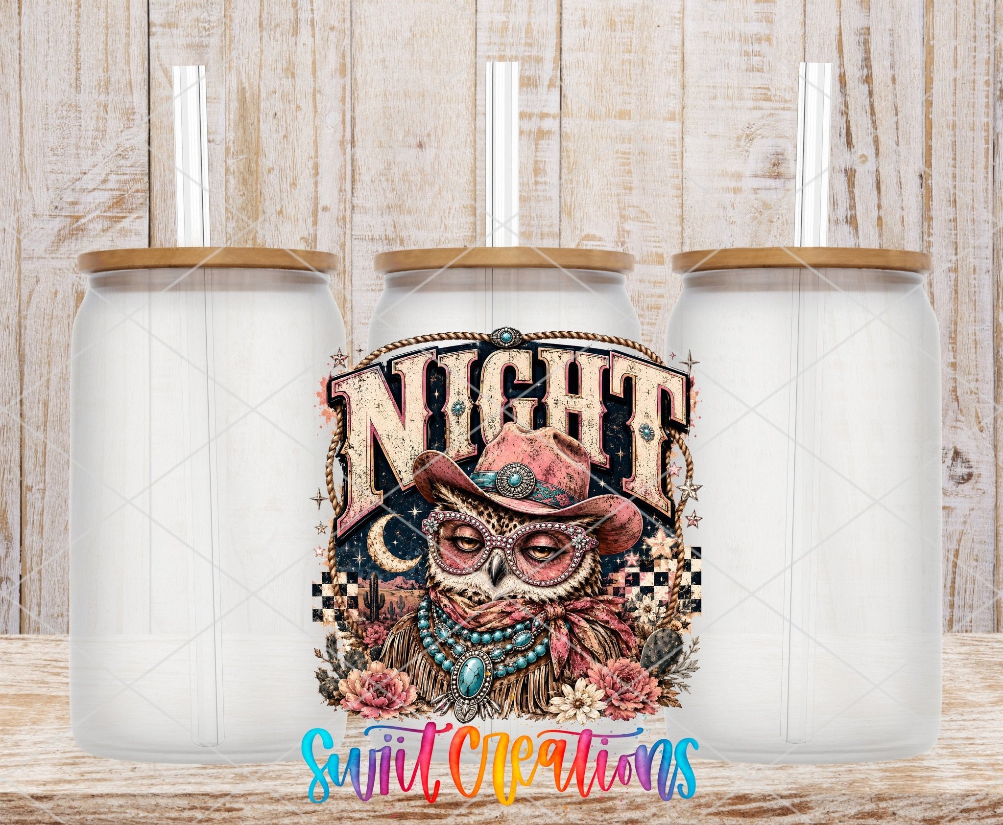 Night Owl Western Glam UV DTF Transfer | Owl Drinkware | UV2082 - Swiit Creations