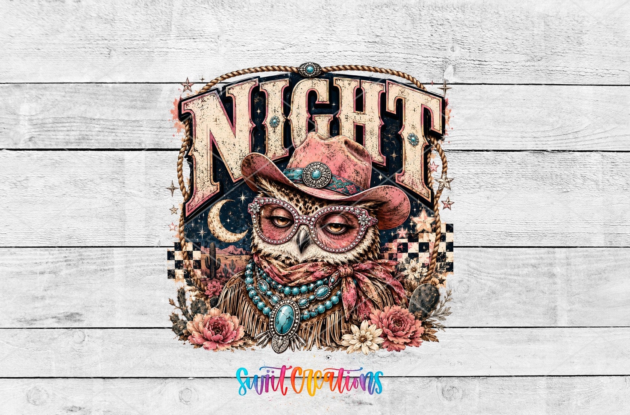 Night Owl Western Glam UV DTF Transfer | Owl Drinkware | UV2082 - Swiit Creations