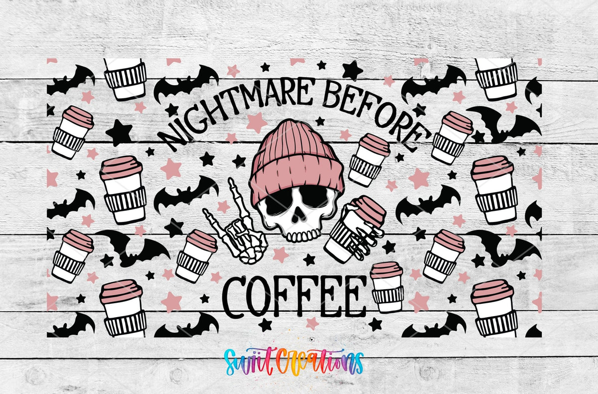 Nightmare Before Coffee UV DTF Transfer Tumbler Wrap | Pink Skull Bat Coffee | DTF196 - Swiit Creations
