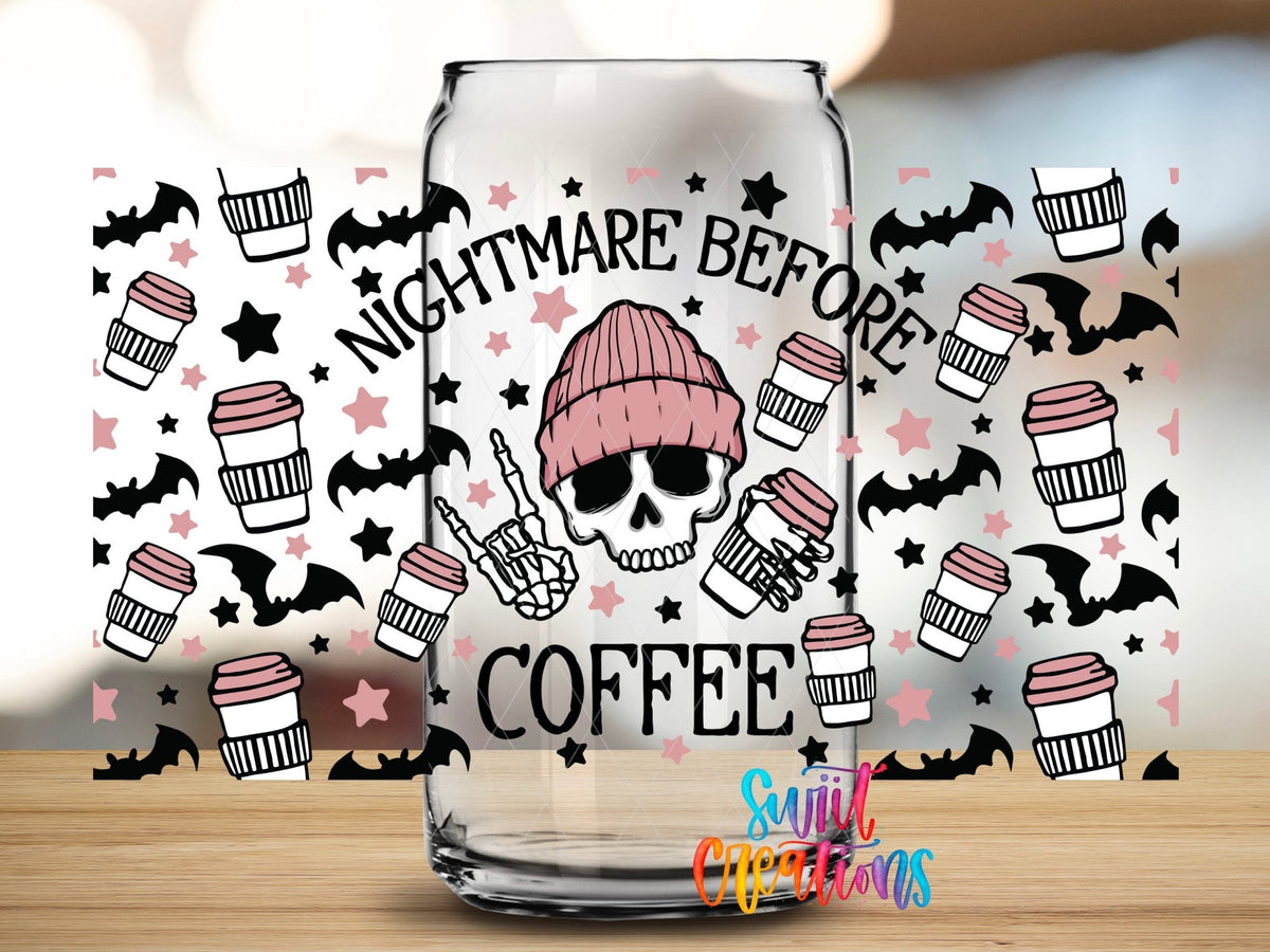 Nightmare Before Coffee UV DTF Transfer Tumbler Wrap | Pink Skull Bat Coffee | DTF196 - Swiit Creations