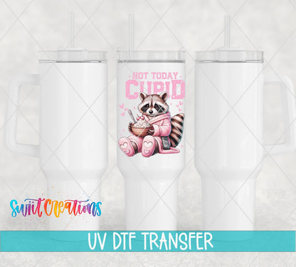 Not Today Cupid UV DTF transfer applied to a white tumbler set from Swiit Creations