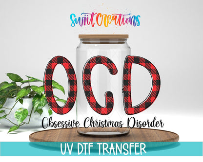 OCD Obsessive Christmas Disorder UV DTF transfer displayed on a clear jar mockup from Swiit Creations