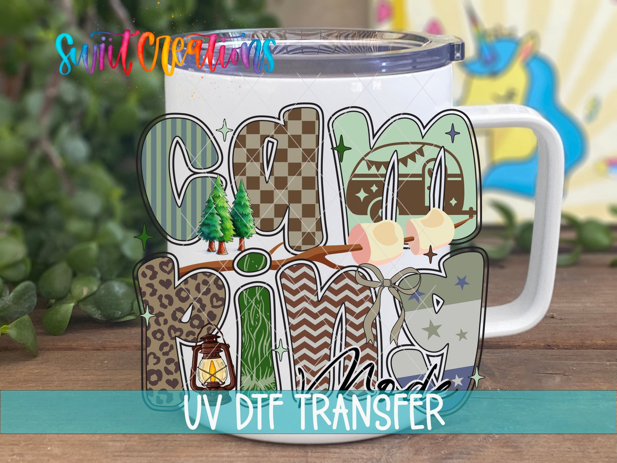 Outdoor Camping Mode Nature Design UV DTF transfer displayed on a white coffee mug from Swiit Creations