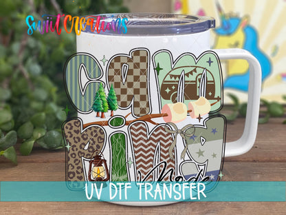 Outdoor Camping Mode Nature Design UV DTF transfer displayed on a white coffee mug from Swiit Creations