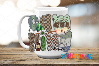 Outdoor Camping Mode Nature Design UV DTF transfer displayed on a white ceramic mug from Swiit Creations