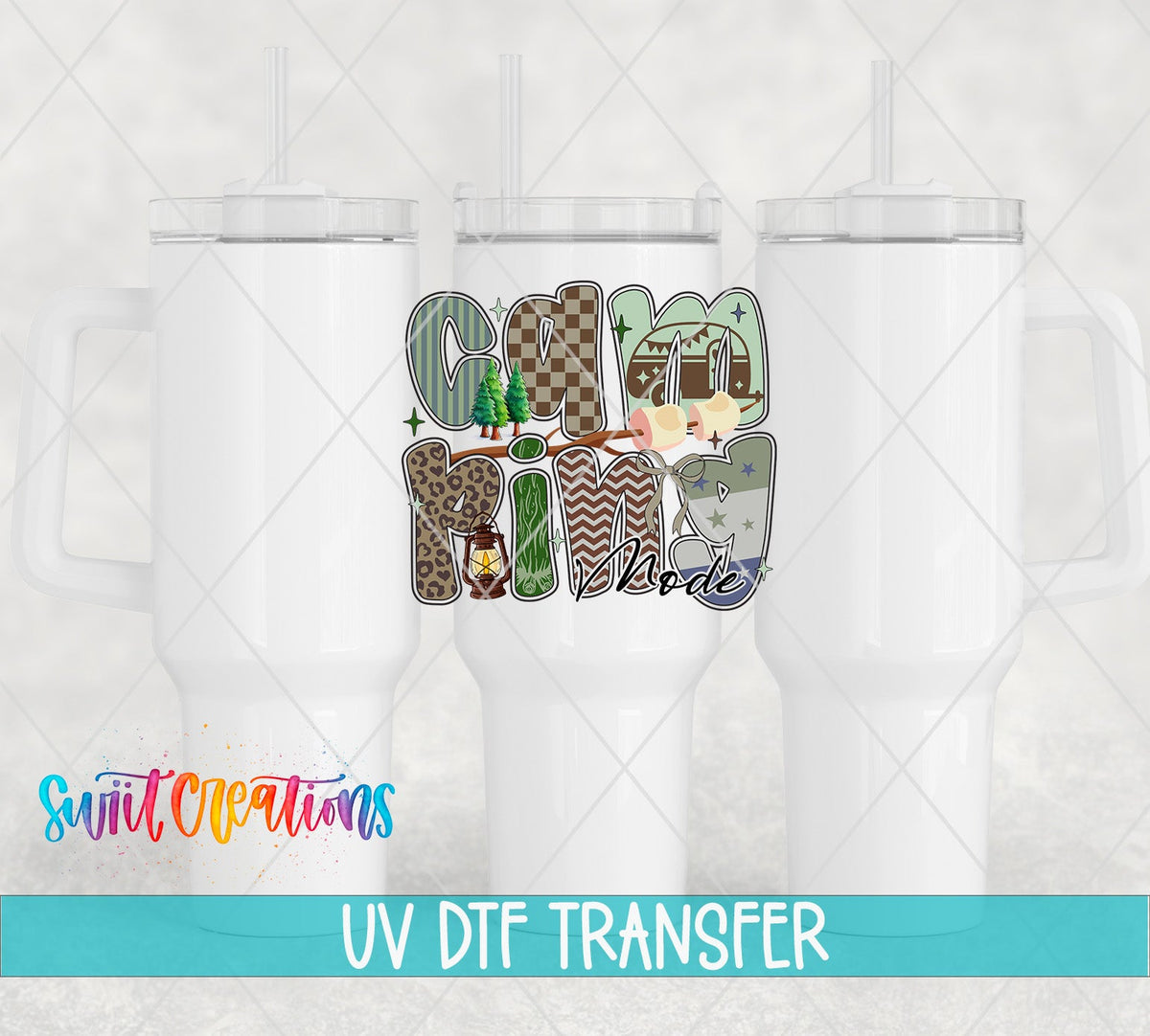 Outdoor Camping Mode Nature Design UV DTF transfer applied to a white tumbler set from Swiit Creations