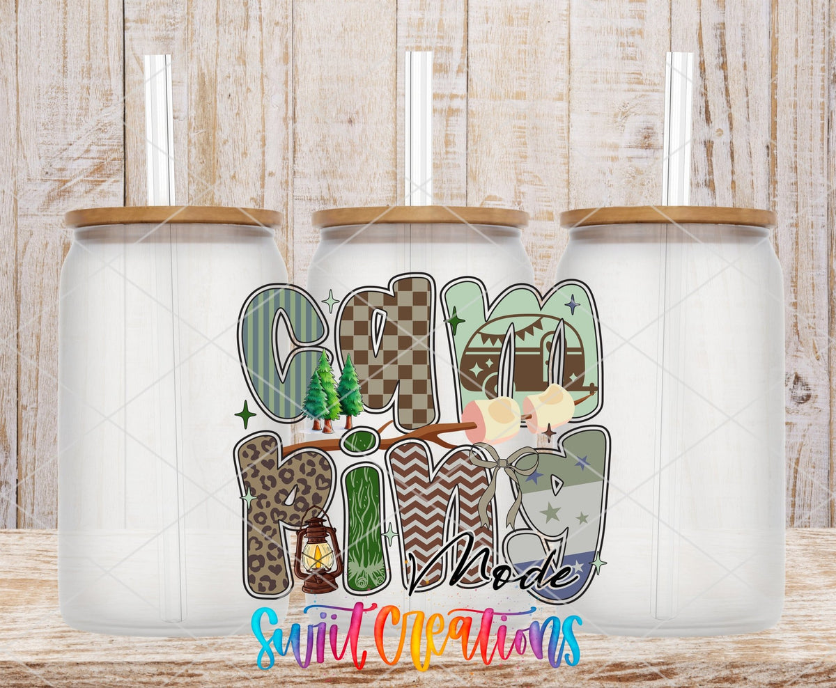 Outdoor Camping Mode Nature Design UV DTF transfer applied to a clear glass can set from Swiit Creations