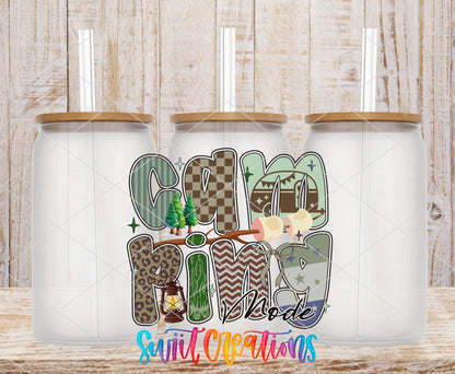 Outdoor Camping Mode Nature Design UV DTF transfer applied to a clear glass can set from Swiit Creations