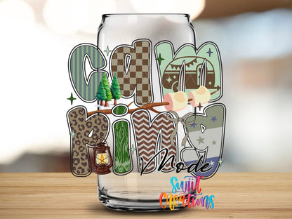 Outdoor Camping Mode Nature Design UV DTF transfer applied to a clear glass can from Swiit Creations