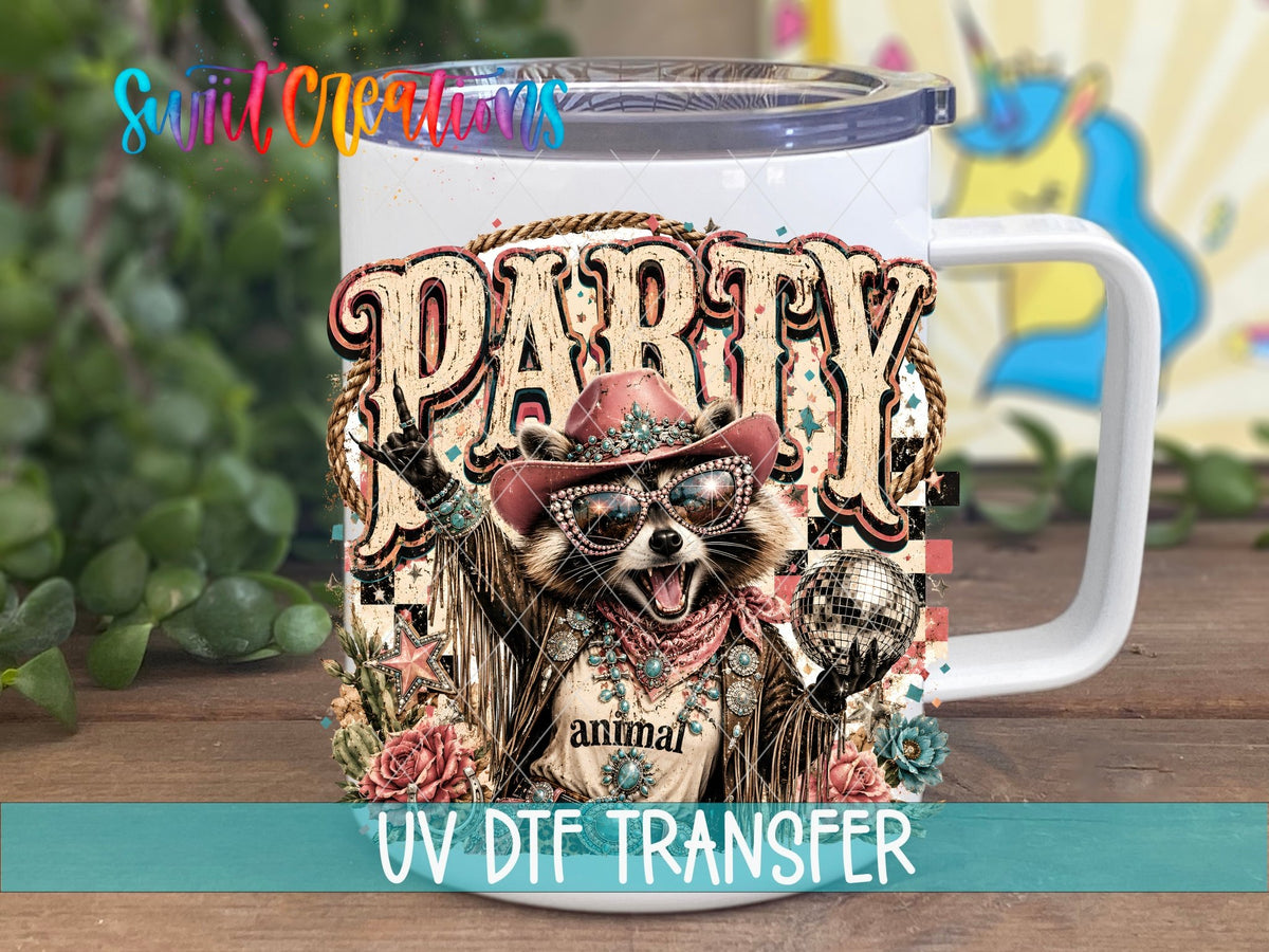 Party Animal Western Glam Raccoon UV DTF transfer displayed on a white coffee mug from Swiit Creations
