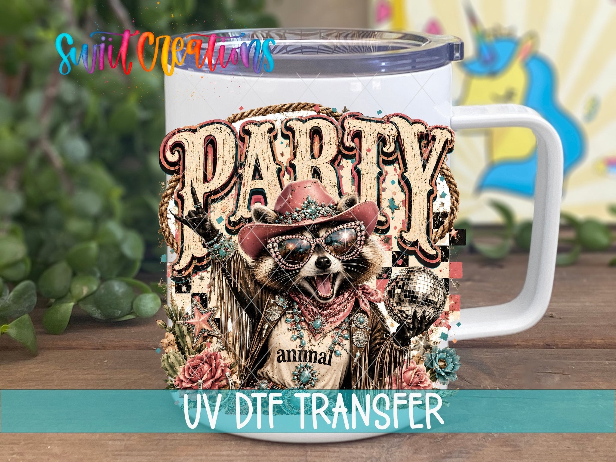 Party Animal Western Glam Raccoon UV DTF Transfer | Retro Cowgirl Raccoon Drinkware Design | UV2085 - Swiit Creations