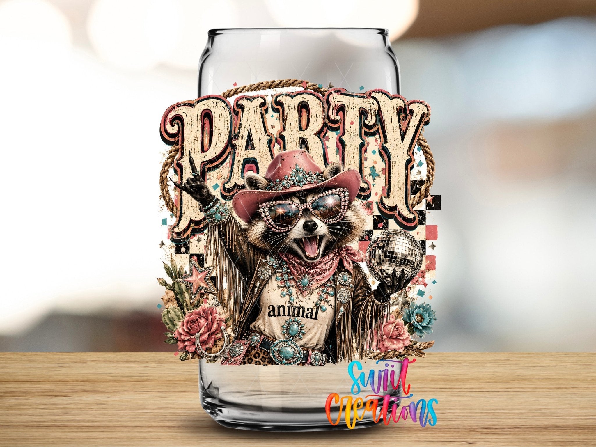 Party Animal Western Glam Raccoon UV DTF Transfer | Retro Cowgirl Raccoon Drinkware Design | UV2085 - Swiit Creations