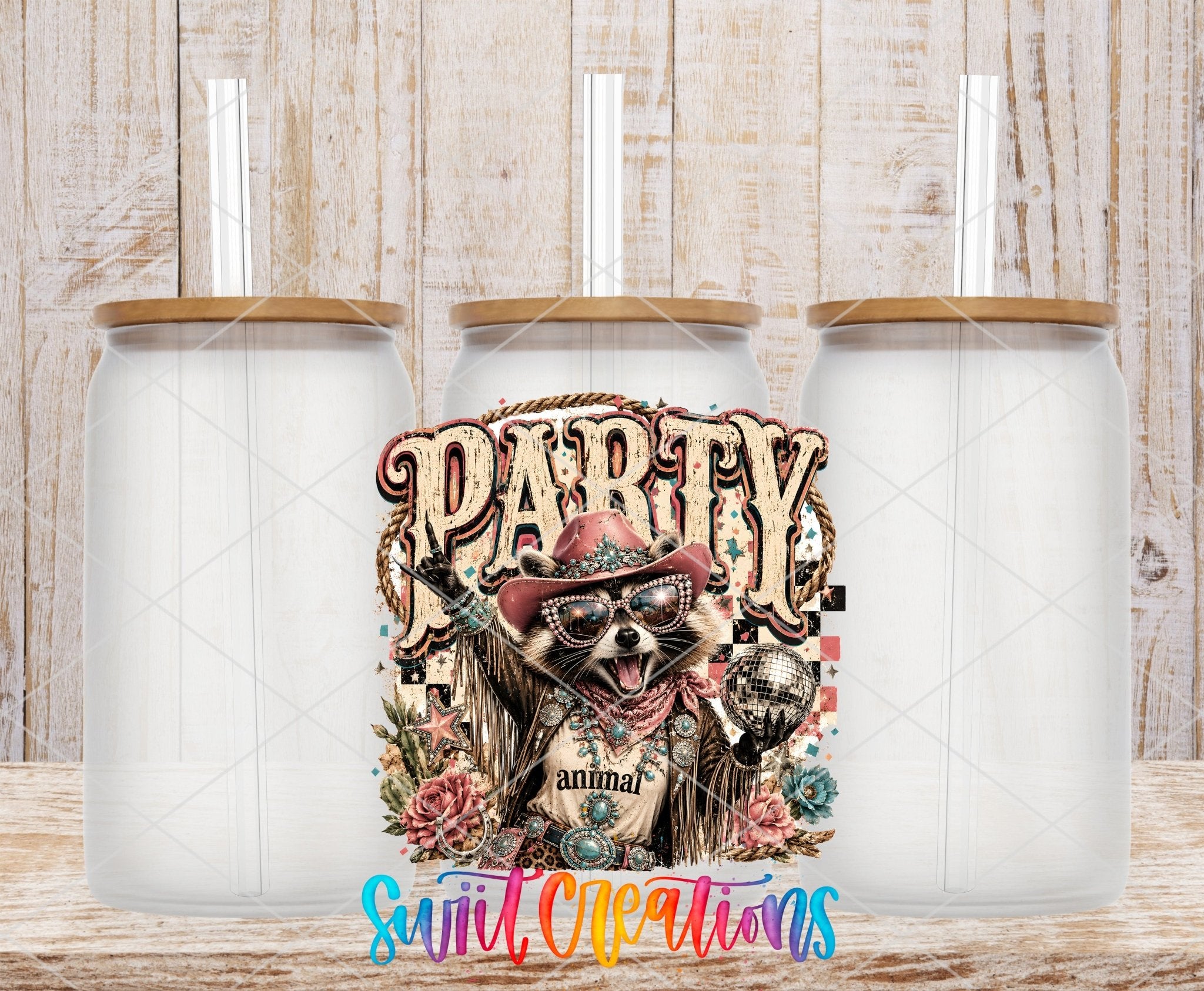 Party Animal Western Glam Raccoon UV DTF Transfer | Retro Cowgirl Raccoon Drinkware Design | UV2085 - Swiit Creations