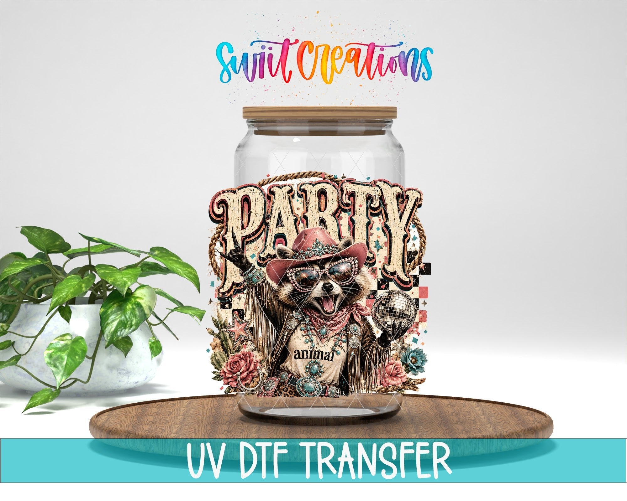 Party Animal Western Glam Raccoon UV DTF Transfer | Retro Cowgirl Raccoon Drinkware Design | UV2085 - Swiit Creations