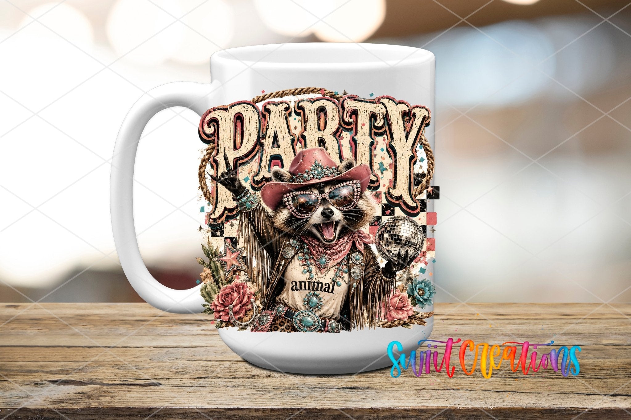 Party Animal Western Glam Raccoon UV DTF Transfer | Retro Cowgirl Raccoon Drinkware Design | UV2085 - Swiit Creations
