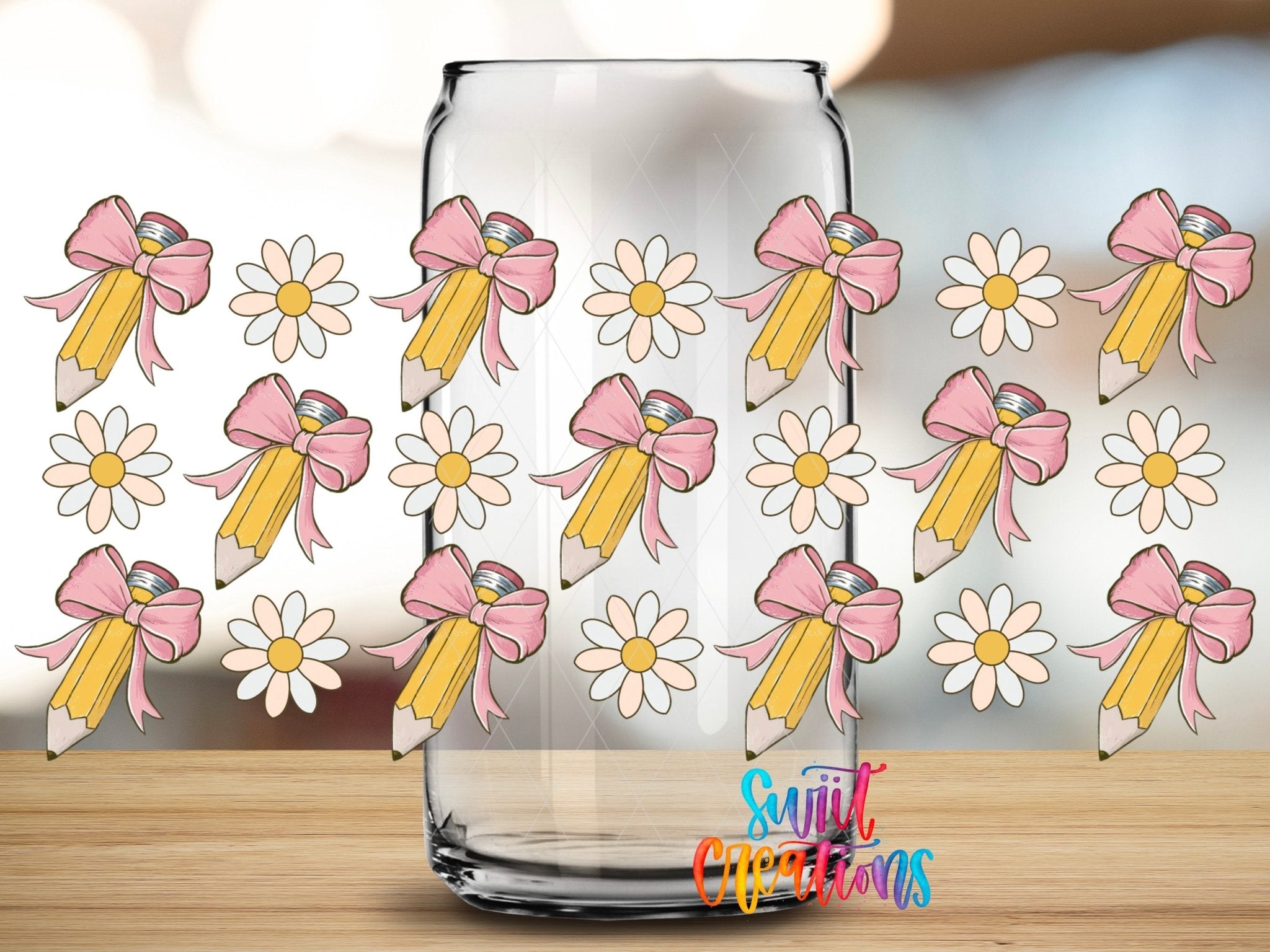 Pencils And Bows UV DTF Transfer Tumbler Wrap | Daisy Teacher School Cup Decal | DTF268 - Swiit Creations