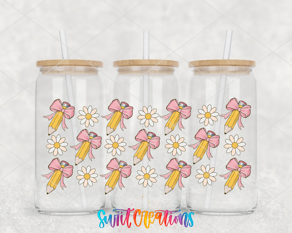 Pencils And Bows UV DTF Transfer Tumbler Wrap | Daisy Teacher School Cup Decal | DTF268 - Swiit Creations