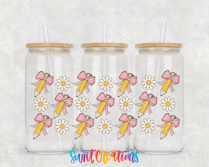 Pencils And Bows UV DTF Transfer Tumbler Wrap | Daisy Teacher School Cup Decal | DTF268 - Swiit Creations