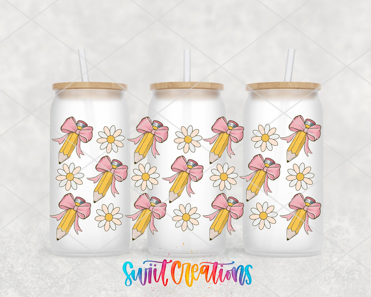 Pencils And Bows UV DTF Transfer Tumbler Wrap | Daisy Teacher School Cup Decal | DTF268 - Swiit Creations