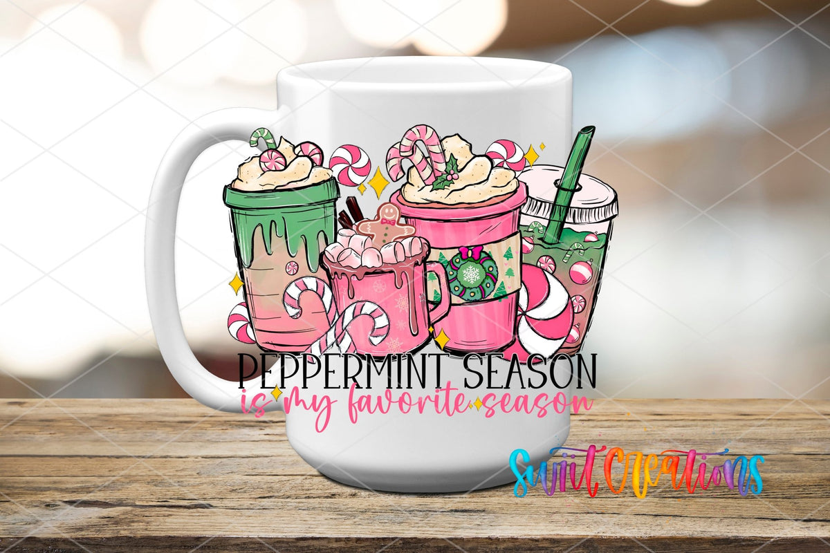 Peppermint Season Christmas Coffee UV DTF transfer displayed on a white ceramic mug from Swiit Creations