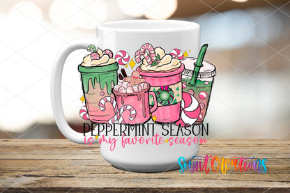 Peppermint Season Christmas Coffee UV DTF transfer displayed on a white ceramic mug from Swiit Creations