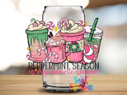 Peppermint Season Christmas Coffee UV DTF transfer applied to a clear glass can from Swiit Creations