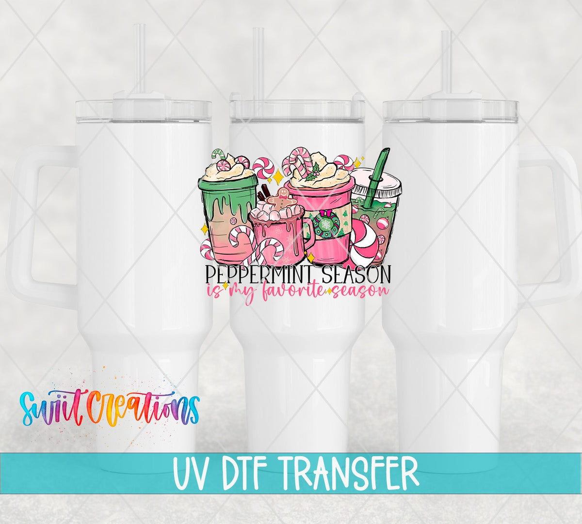 Peppermint Season Christmas Coffee UV DTF transfer applied to a white tumbler set from Swiit Creations