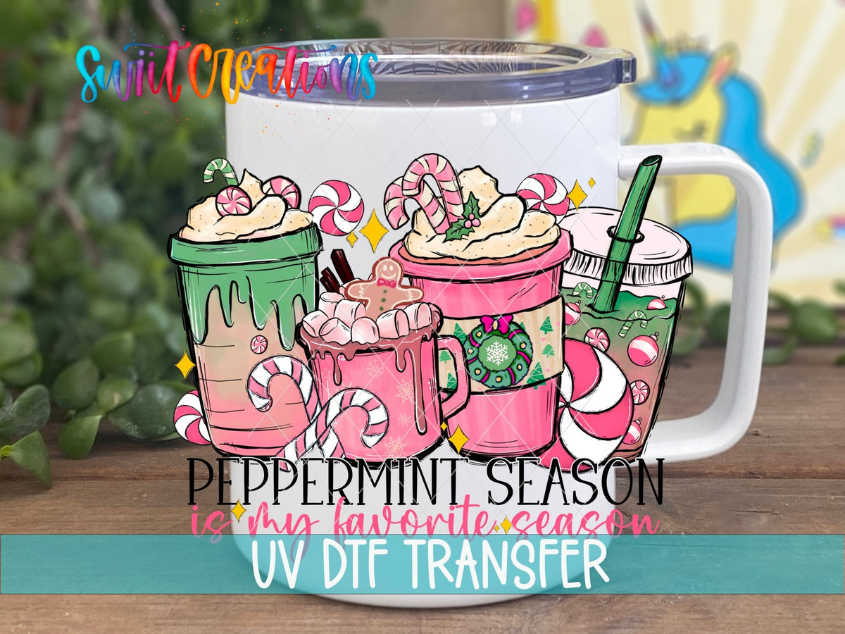 Peppermint Season Christmas Coffee UV DTF transfer displayed on a white coffee mug from Swiit Creations