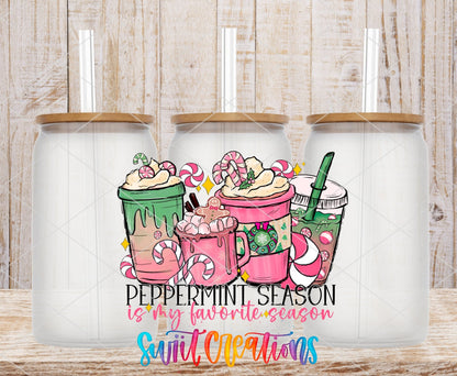 Peppermint Season Christmas Coffee UV DTF transfer applied to a clear glass can set from Swiit Creations