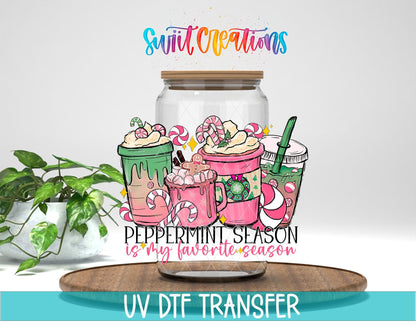 Peppermint Season Christmas Coffee UV DTF transfer displayed on a clear jar mockup from Swiit Creations