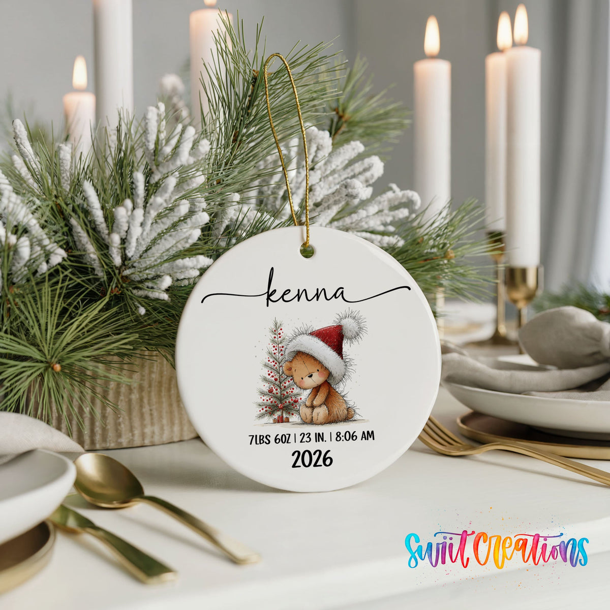 Personalized Baby’s First Christmas Ceramic Ornament | Christmas Bunny Birth Stats Keepsake | CO005 - Swiit Creations