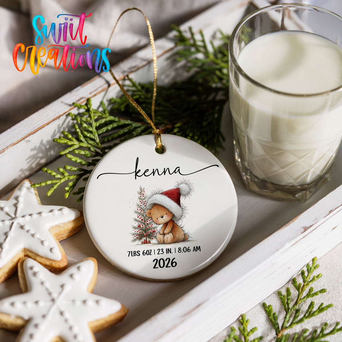 Personalized Baby’s First Christmas Ceramic Ornament | Christmas Bunny Birth Stats Keepsake | CO005 - Swiit Creations