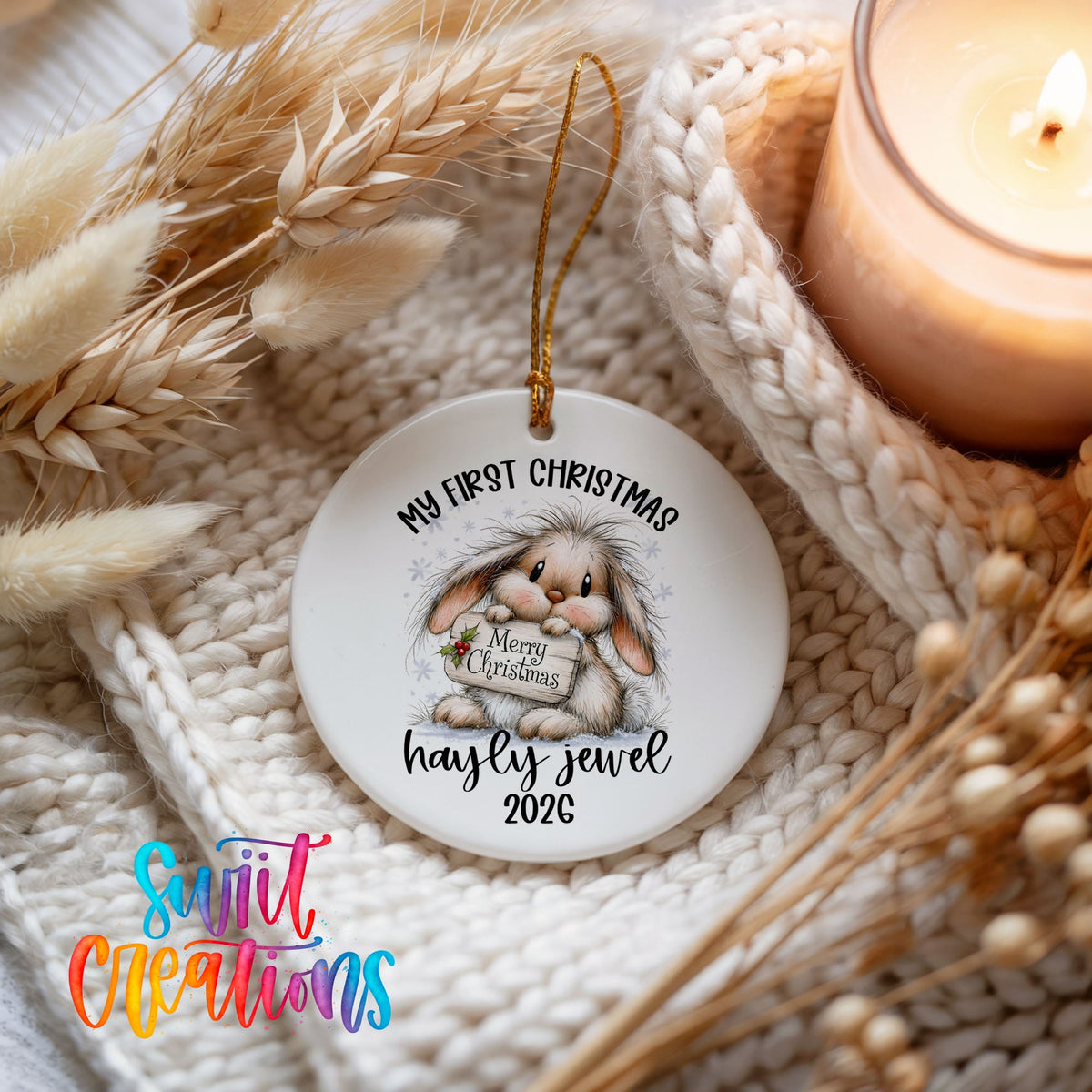 Personalized Baby’s First Christmas Ceramic Ornament | Christmas Bunny Keepsake | CO002 - Swiit Creations