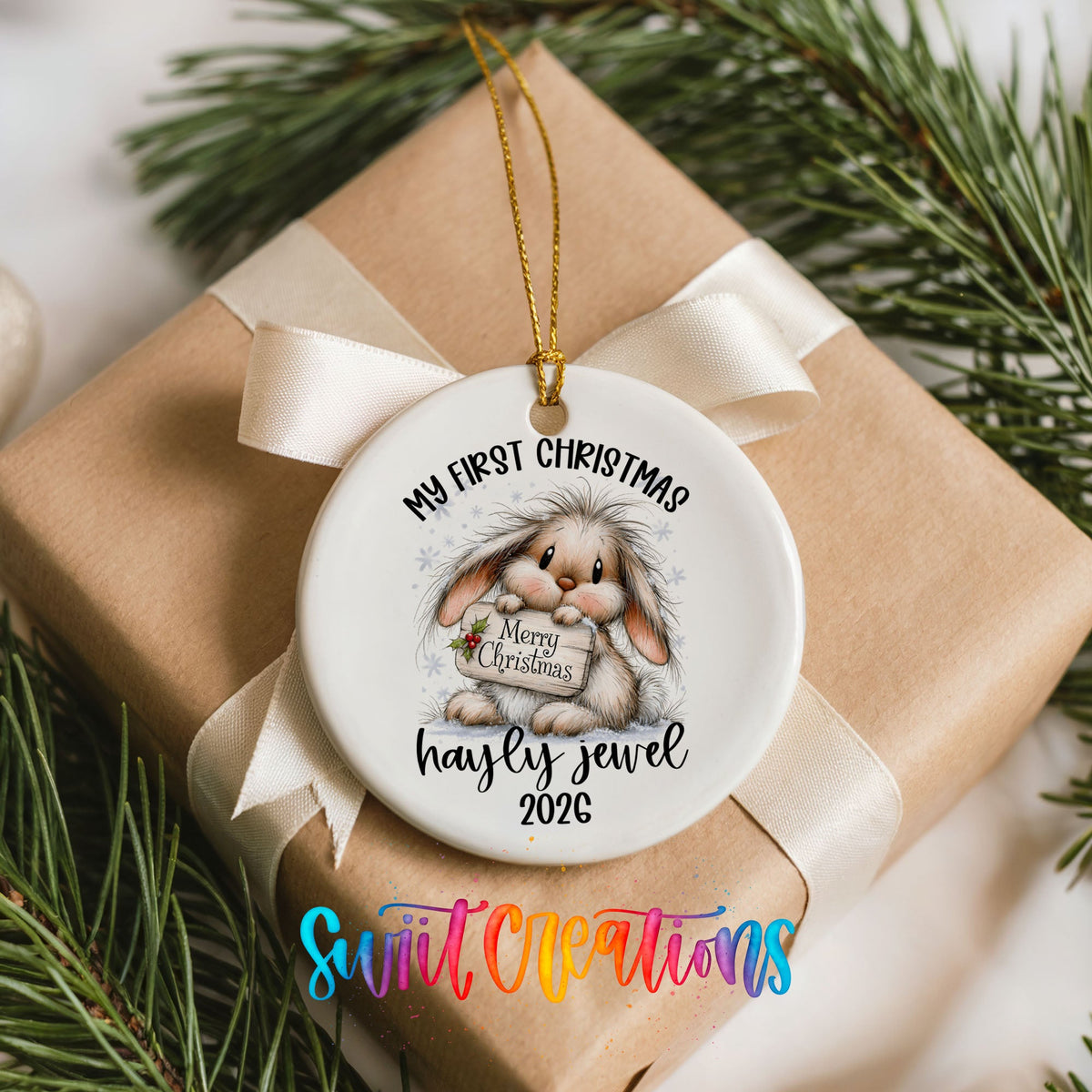 Personalized Baby’s First Christmas Ceramic Ornament | Christmas Bunny Keepsake | CO002 - Swiit Creations