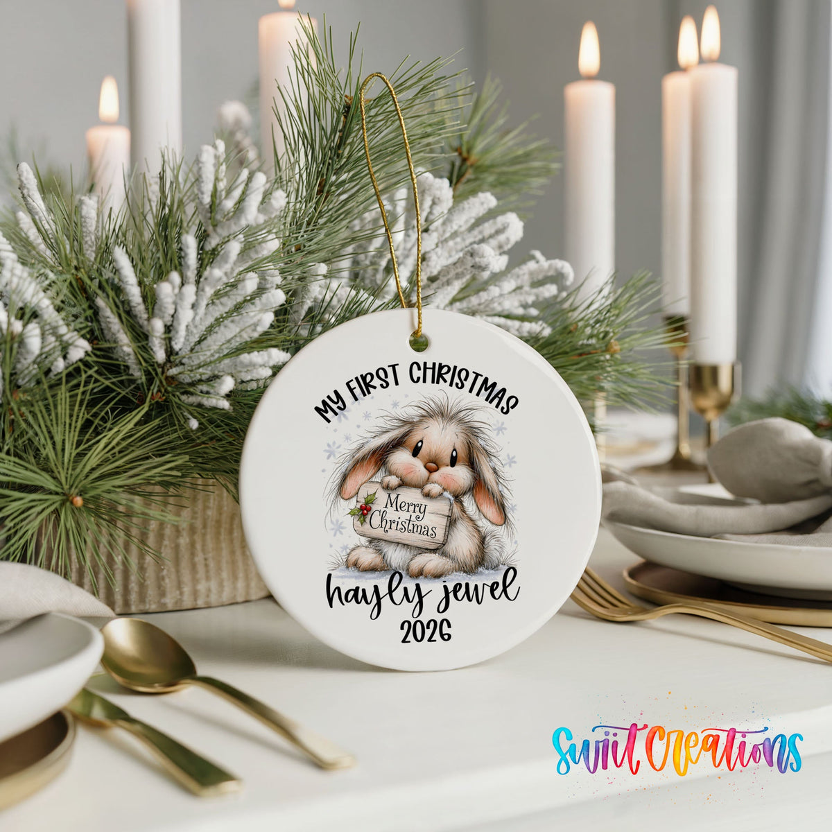Personalized Baby’s First Christmas Ceramic Ornament | Christmas Bunny Keepsake | CO002 - Swiit Creations