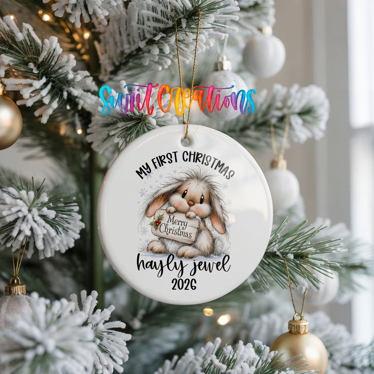 Personalized Baby’s First Christmas Ceramic Ornament | Christmas Bunny Keepsake | CO002 - Swiit Creations