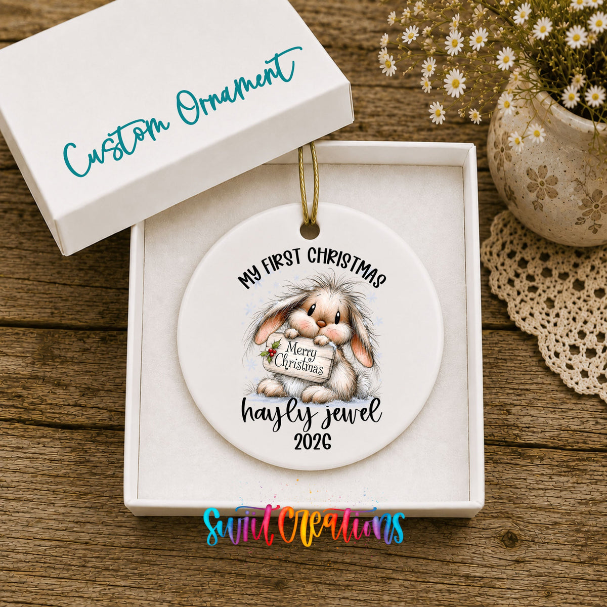 Personalized Baby’s First Christmas Ceramic Ornament | Christmas Bunny Keepsake | CO002 - Swiit Creations