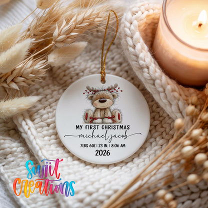 Personalized Baby’s First Christmas Ceramic Ornament | Reindeer Birth Stats Keepsake | CO004 - Swiit Creations