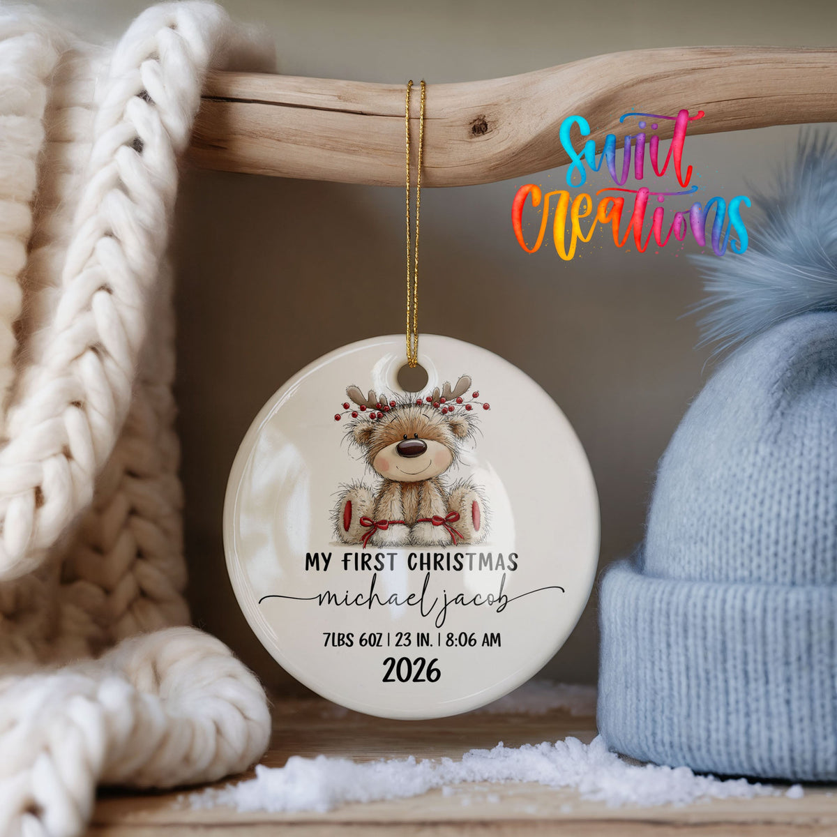 Personalized Baby’s First Christmas Ceramic Ornament | Reindeer Birth Stats Keepsake | CO004 - Swiit Creations