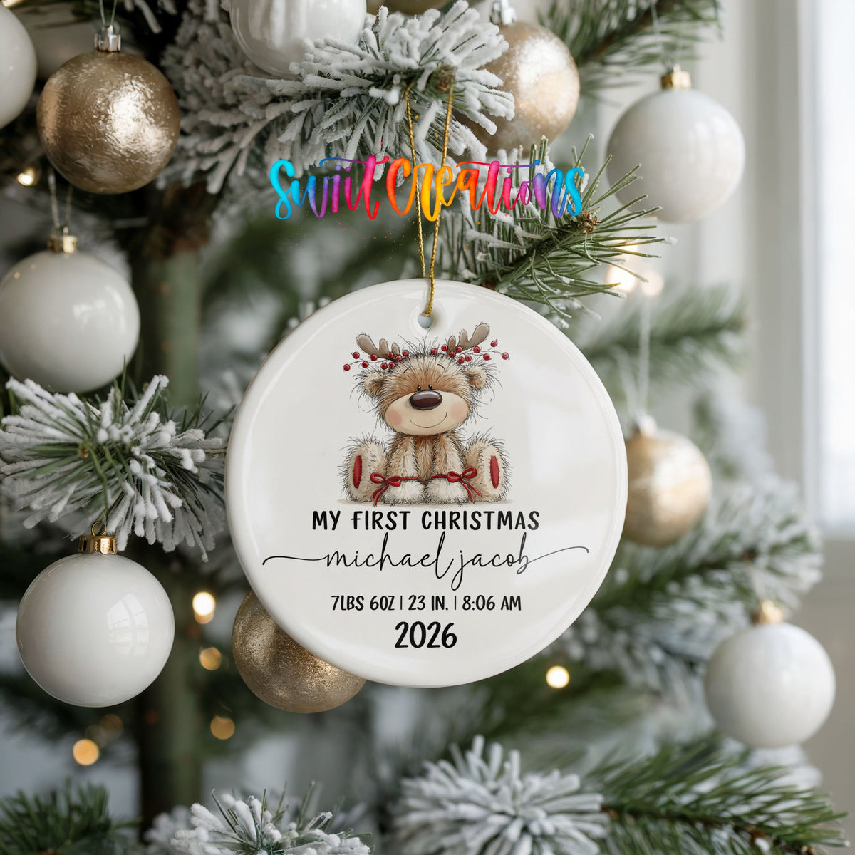 Personalized Baby’s First Christmas Ceramic Ornament | Reindeer Birth Stats Keepsake | CO004 - Swiit Creations